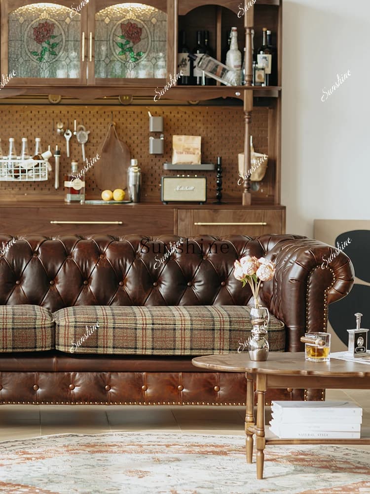 Retro American living room three people, oil wax leather straight row sofa  FT