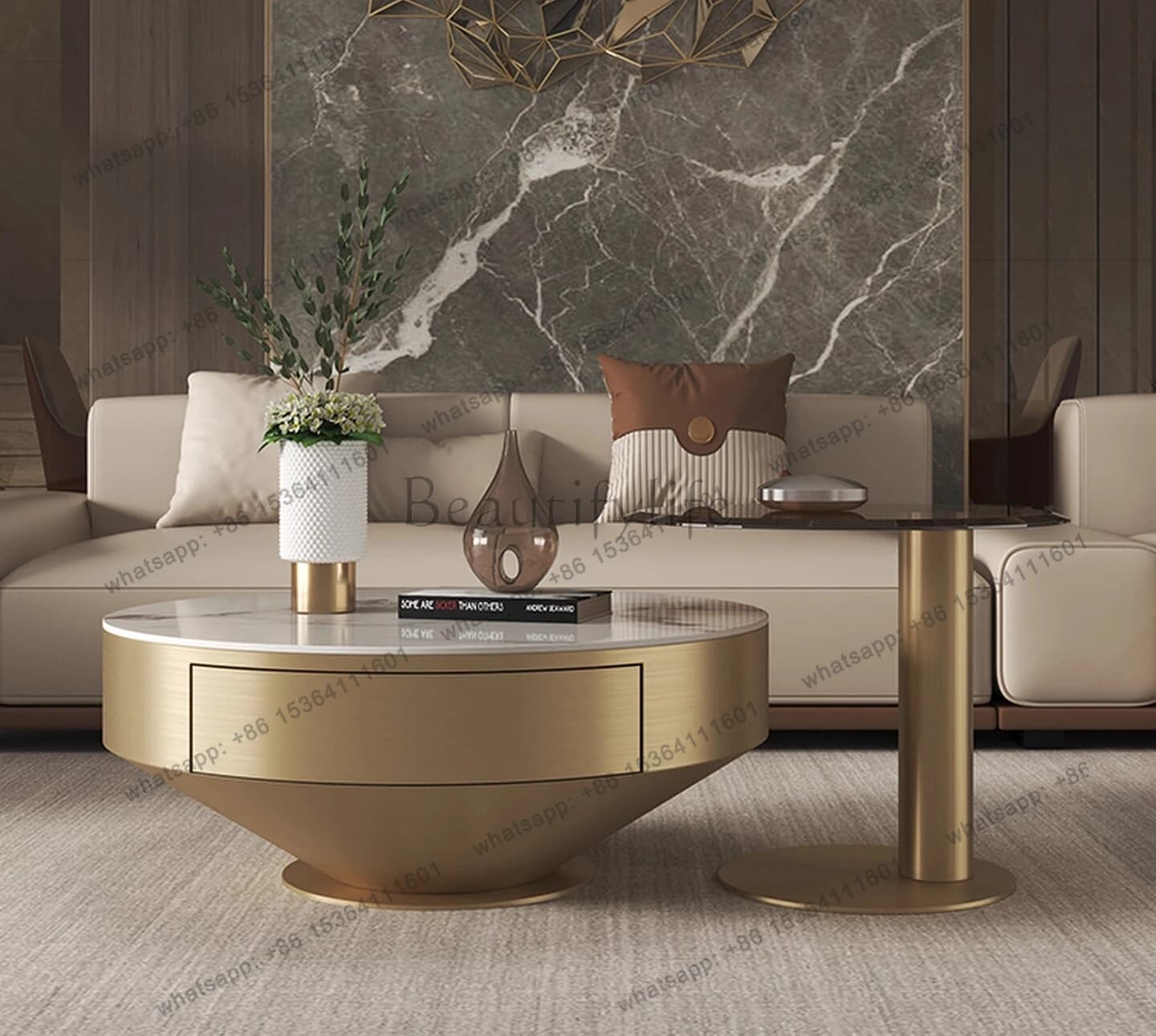 Rock slab coffee table simple modern living room light luxury small apartment round coffee table combination