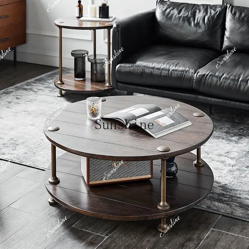 Nordic large and small apartment retro light luxury living room household solid wood round coffee table  FT