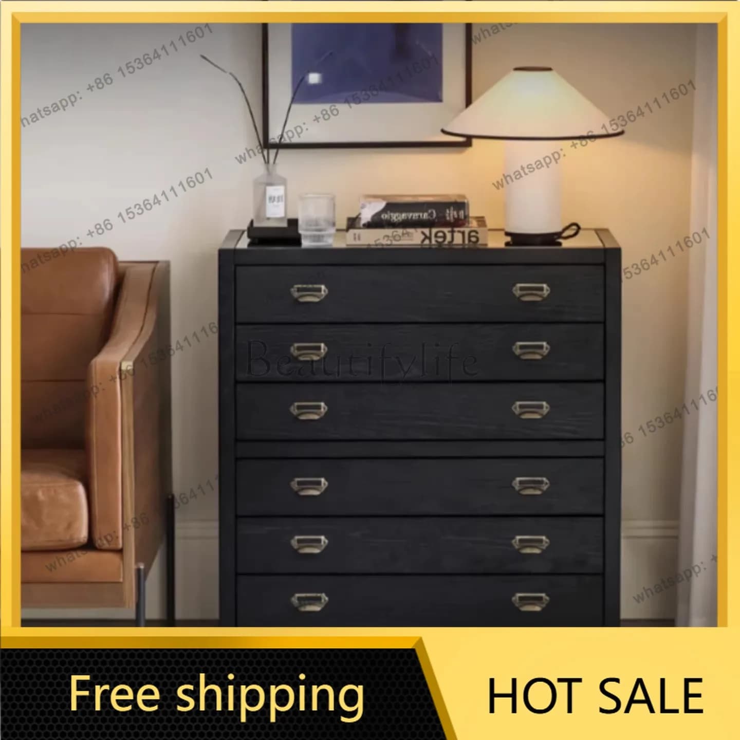 LS Nordic solid wood black locker glasses storage display bedroom drawer underwear cabinet