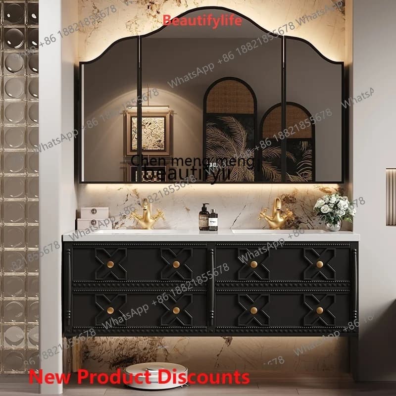 Retro French rock slab seamless ceramic integrated basin bathroom double basin face wash table hand bathroom cabinet combination