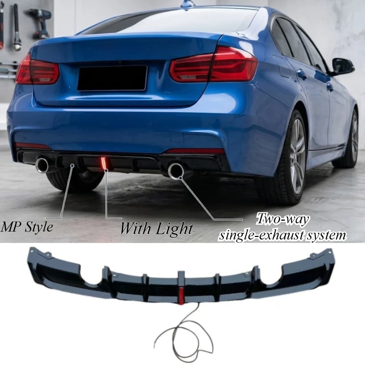 For BMW 3 Series F30 F35 2013-19 Rear Lip MP Style Gloss Black Diffuser with Vertical LED Lights Dual Single Outlet Bumper Guard