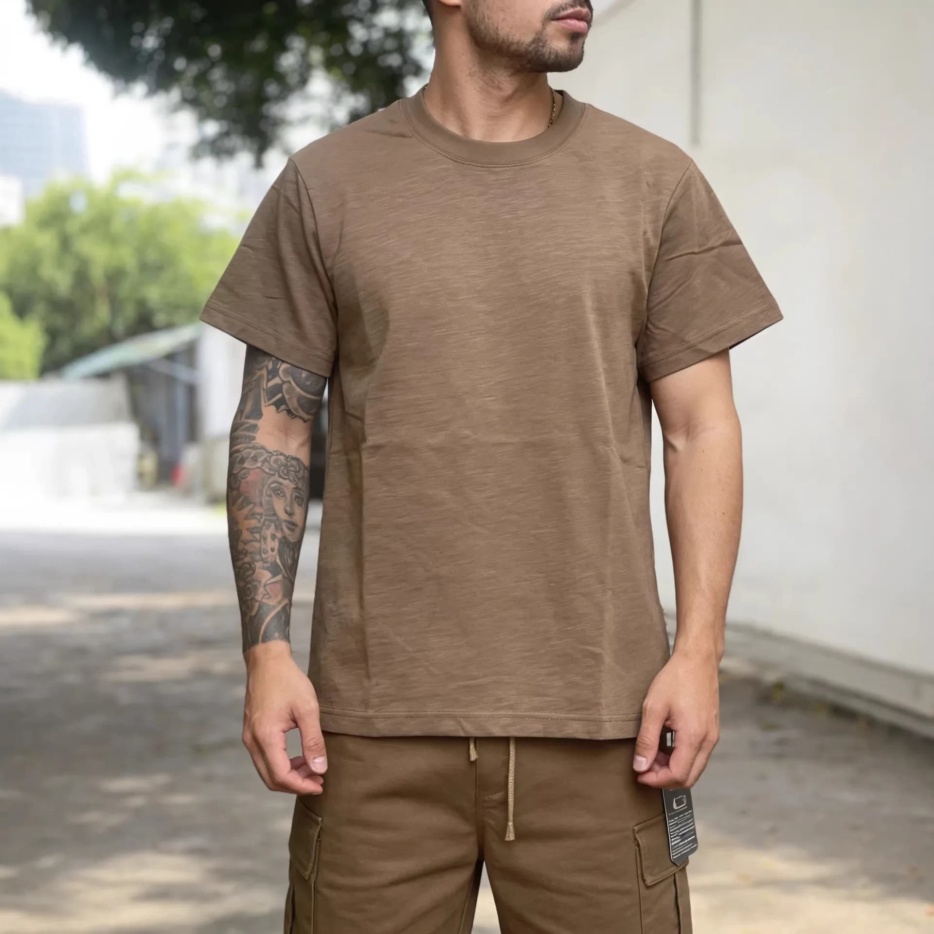 American Retro Amikaji 255g Heavy Duty Thick Old Bamboo Cotton Short Sleeve Solid Color T-shirt Basic Solid Color TEE