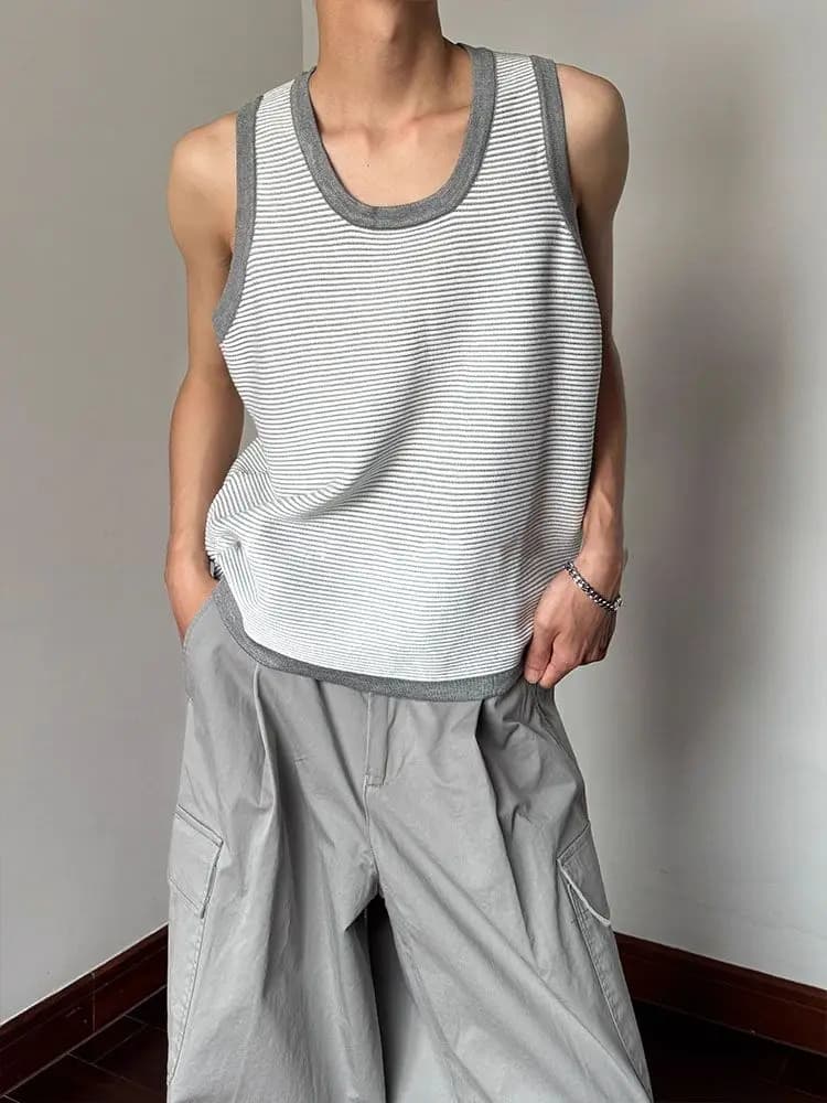 New Retro Contrasting Striped Vest Men's Loose Casual Neutral Wind Sleeveless Vest Top
