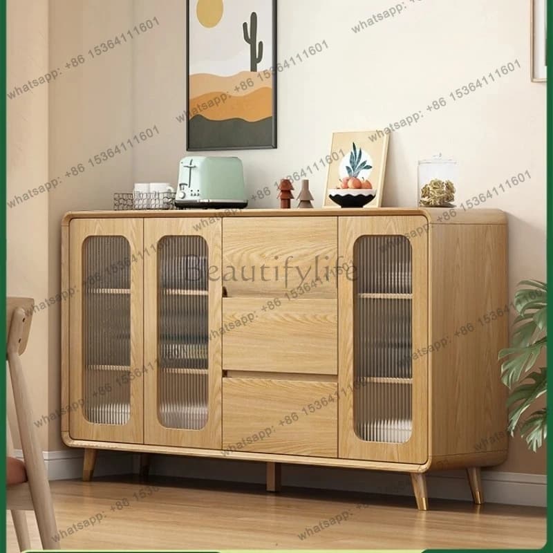 Modern Simple Living Room Storage Side Cabinet Integrated Storage Against the Wall Kitchen Locker Solid Wood Frame Log Color