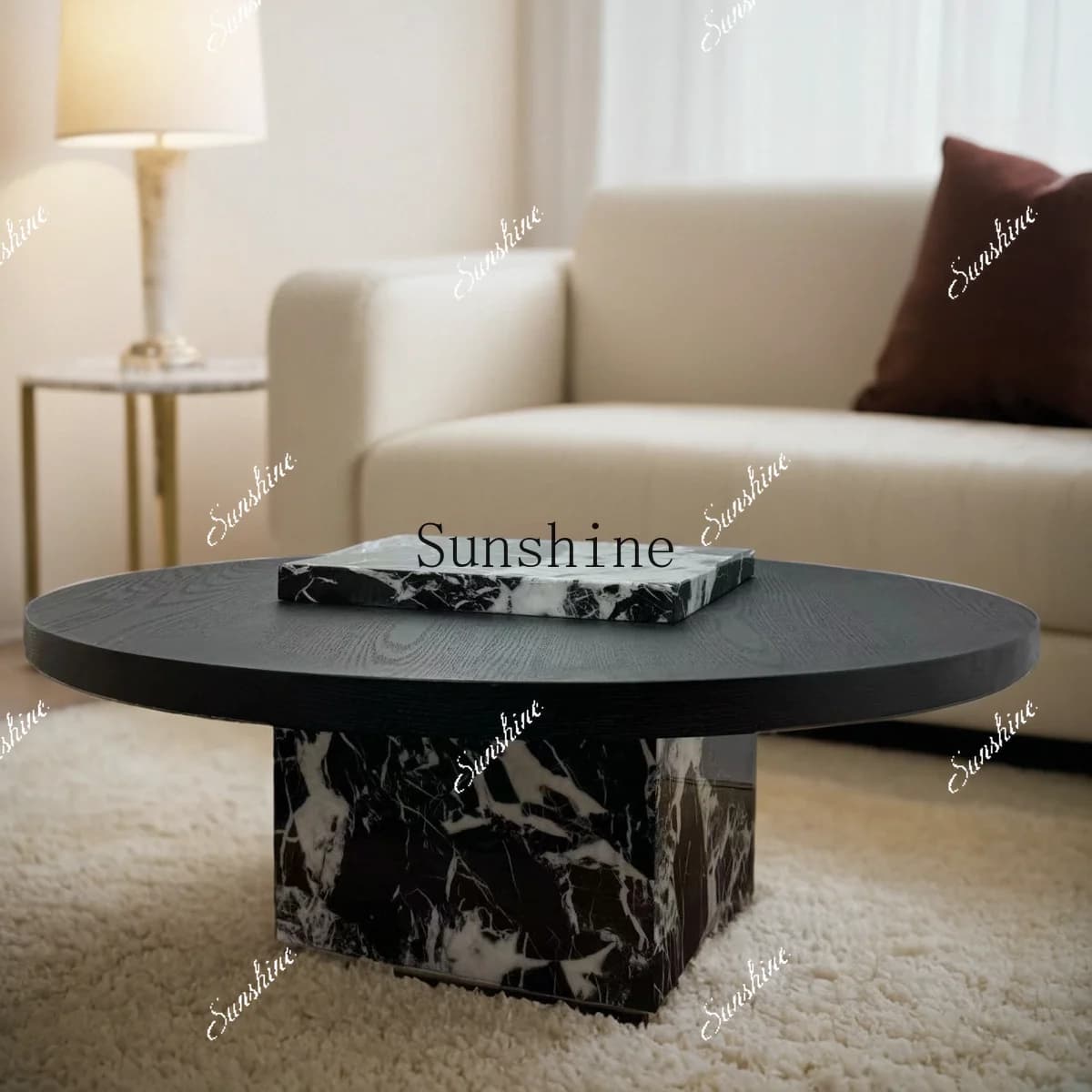 Black round solid wood French retro style natural marble round coffee table living room small apartment furniture  FT