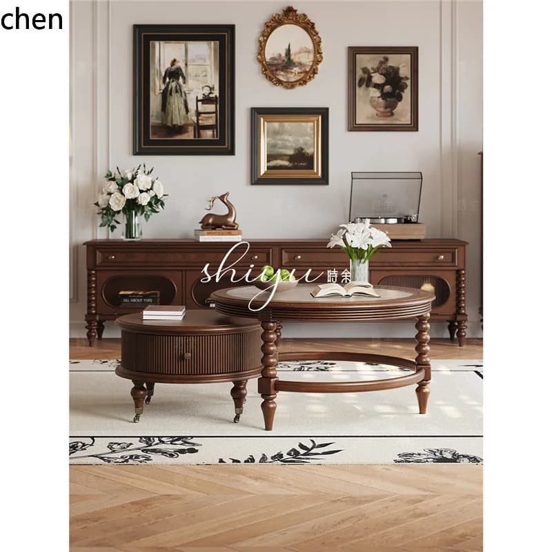 ZML Vintage Style Solid Wood Retro Round Coffee Table Living Room Large and Small Coffee Tables TV Cabinet Set