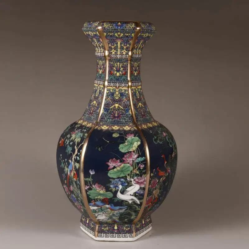 Chinese antique porcelain collection Qianlong enamel painted flower bird hexagonal deep blue vase modern exquisite crafts