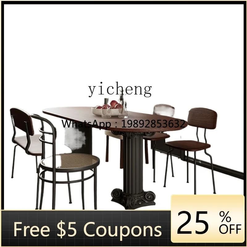Retro Solid Wood Dining Table Roman Column Solid Wood Modern Simple and Light Luxury Desk Dining Table