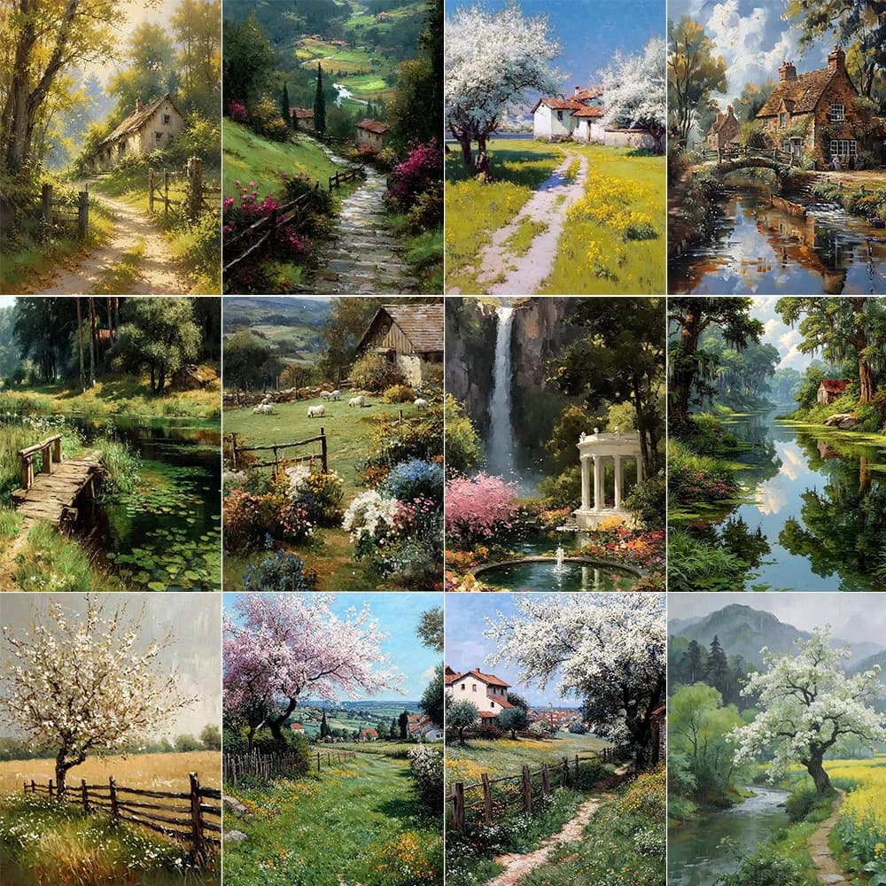 Village Forest House Art Poster Natural Landscape Canvas Printing for Modern Home Decoration, Elegant Wall Arts Painting Gifts