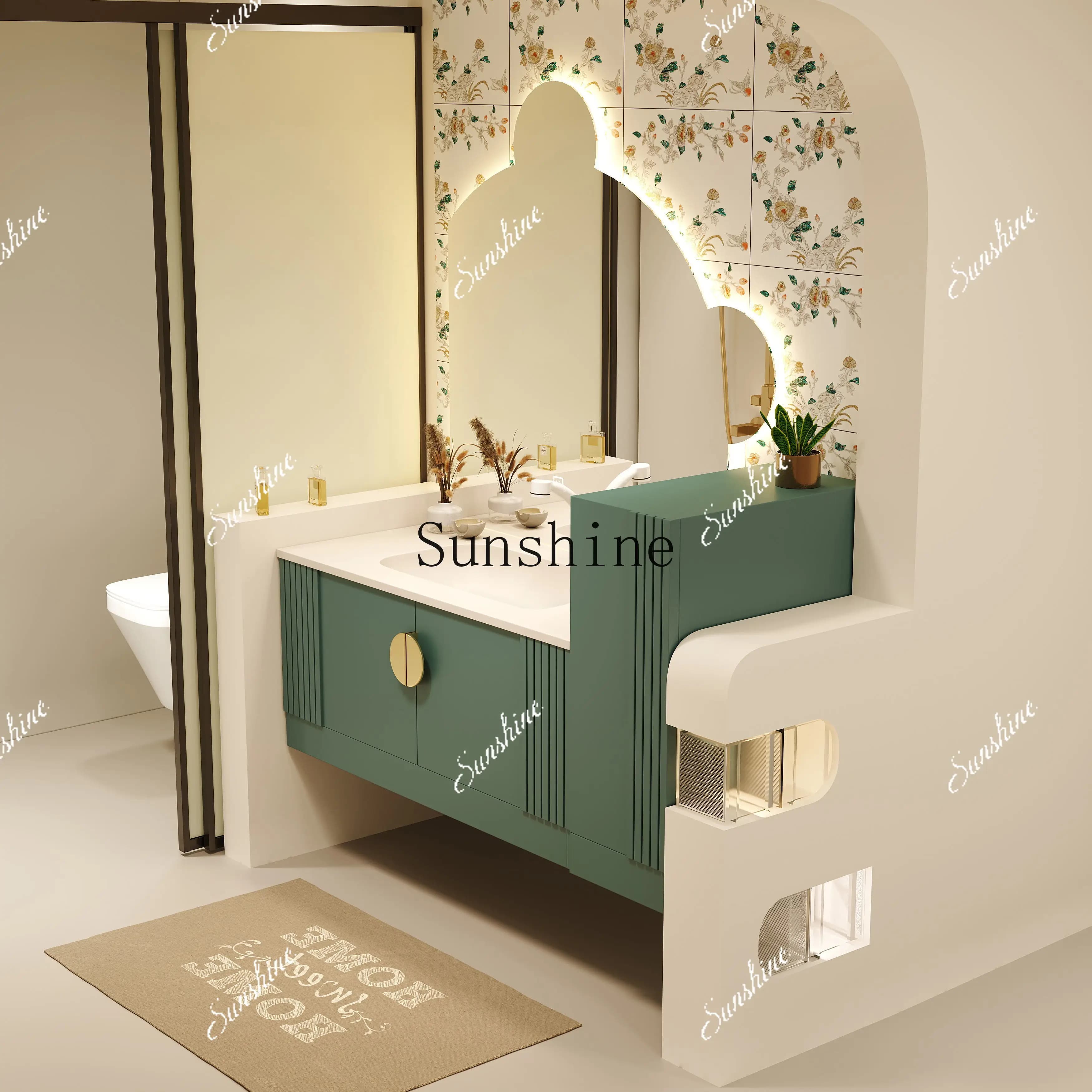 Light luxury rock slab solid wood green bathroom cabinet combination modern seamless washstand  FT