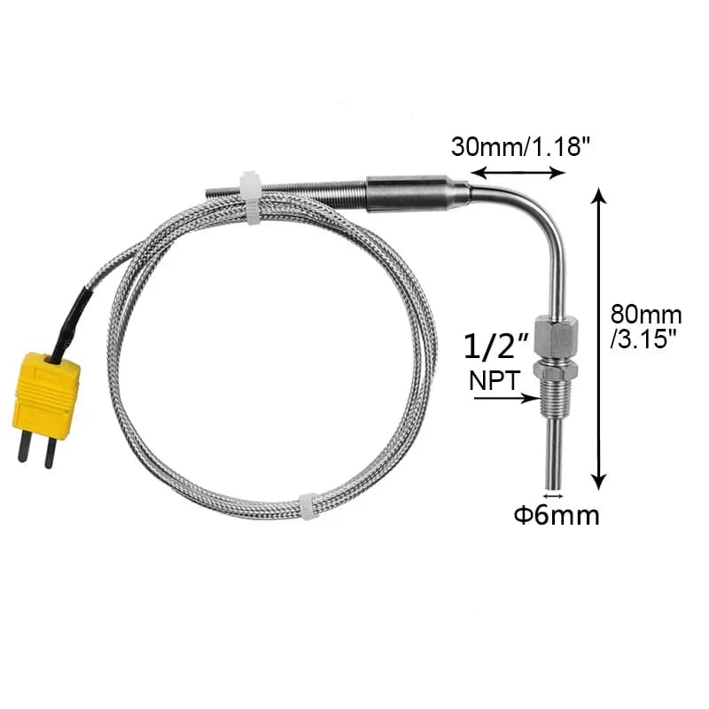 1300°C K Type EGT Motor Exhaust Gas Temperature Sensor Stainless Steel Probe Thermocouple Tube Thread 1/2'' NPT Elbow Male Plugs