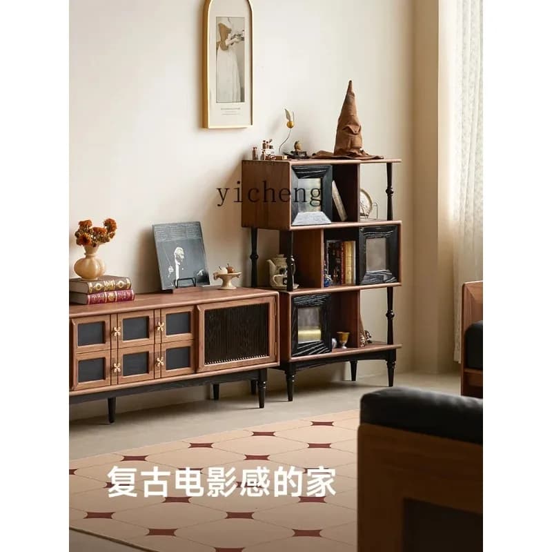 GZ-1   retro contrasting color black short bookcase black walnut solid wood antique living room entrance cabinet