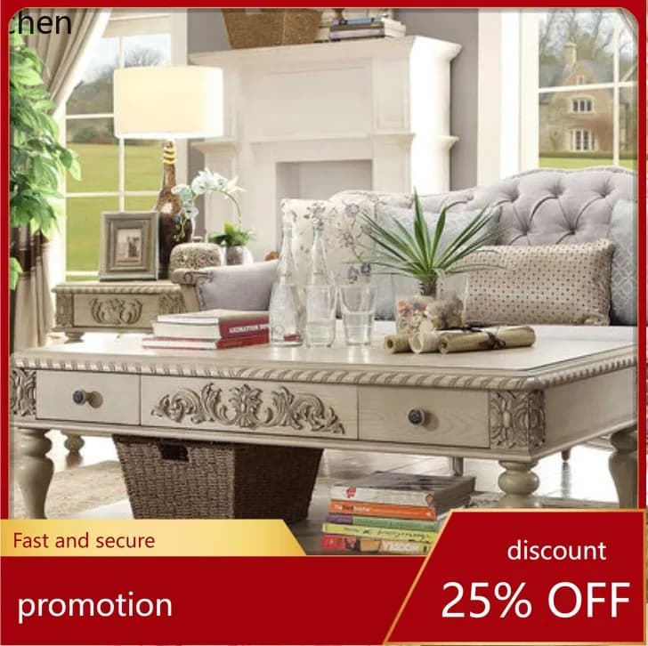 HXL Ivory White Distressed Oak Carved Tea Table Solid Wood Living Room Coffee Tea Table