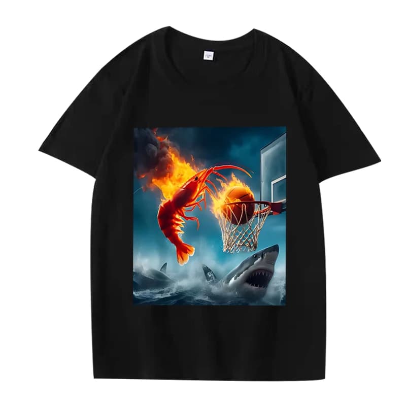 Shrimp Dunking on Shark Graphic tee Retro Fishing Meme T Shirt men women Oversized 100% Cotton  short sleeve Summer Unisex tops