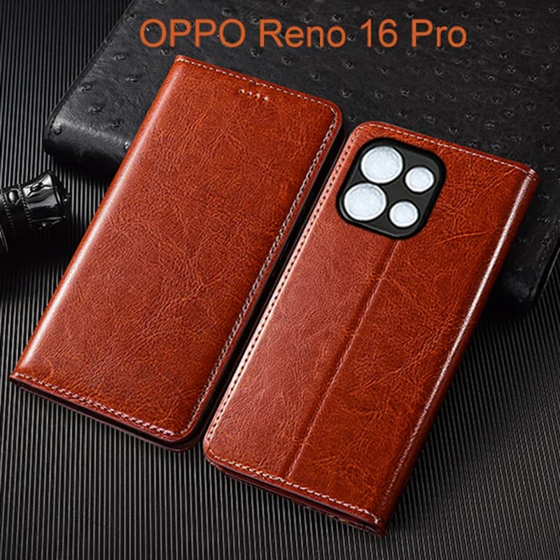 Crazy Horse Genuine Leather Flip Case For OPPO Reno 16 Pro Phone Cover Card Cases Scratch Proof
