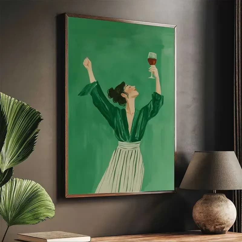 Elegant Lady A Green Dress Holding A Red Wine Glass Canvas Poster Modern Wall Art Painting Home Decoration Living Room Bedroom