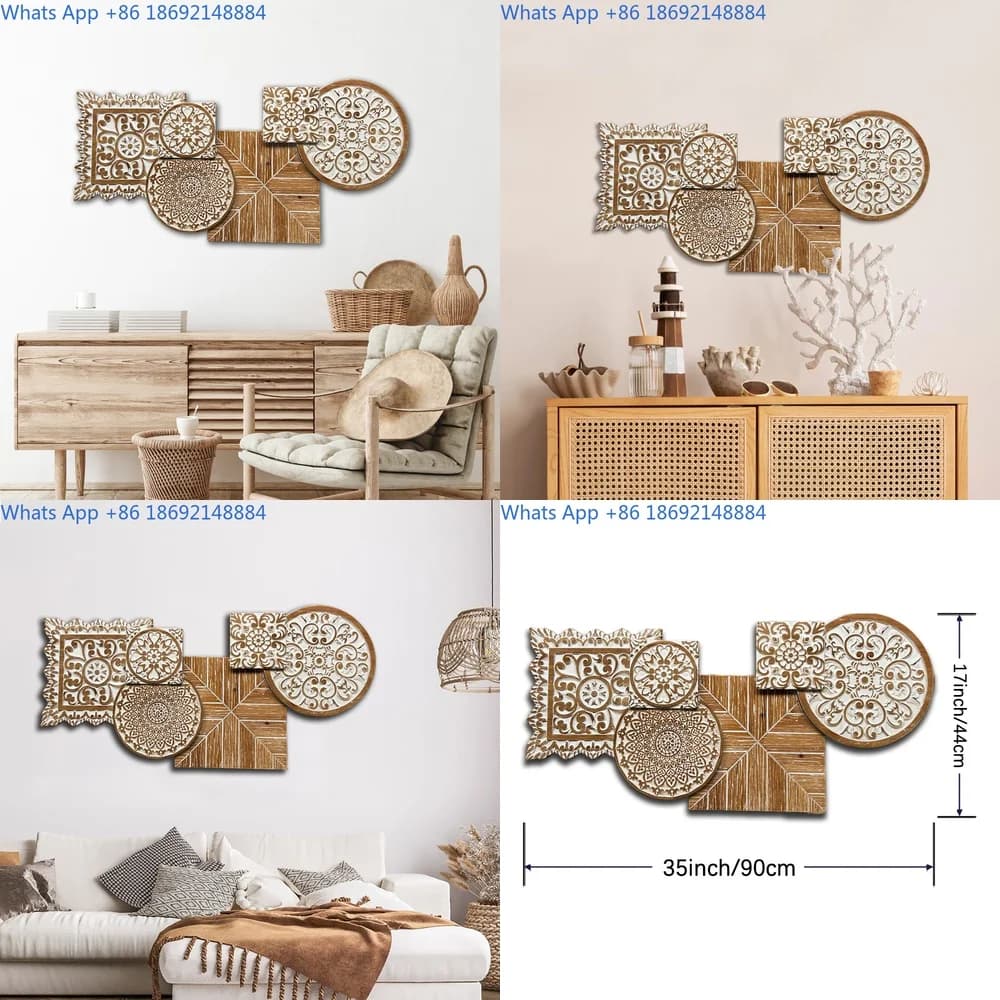 Solid Wood Carved Wall Decor Square European Bohemian Style Art Panels