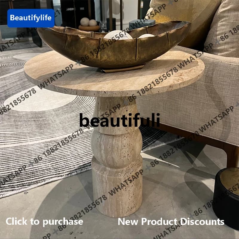 D183 Wabi Sand Wind Natural Travertine Edge Designer Light Luxury Living Room Corner Creative Round Side Table