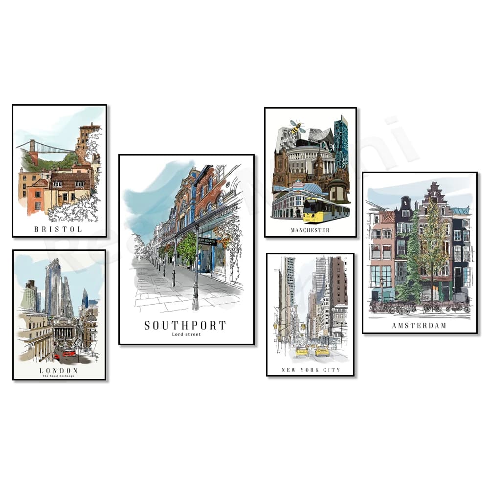 Llangollen Wales, Liverpool, Leeds skyline, Cinque Terre Italy, Manchester, Amsterdam, Lord Southport street travel poster print