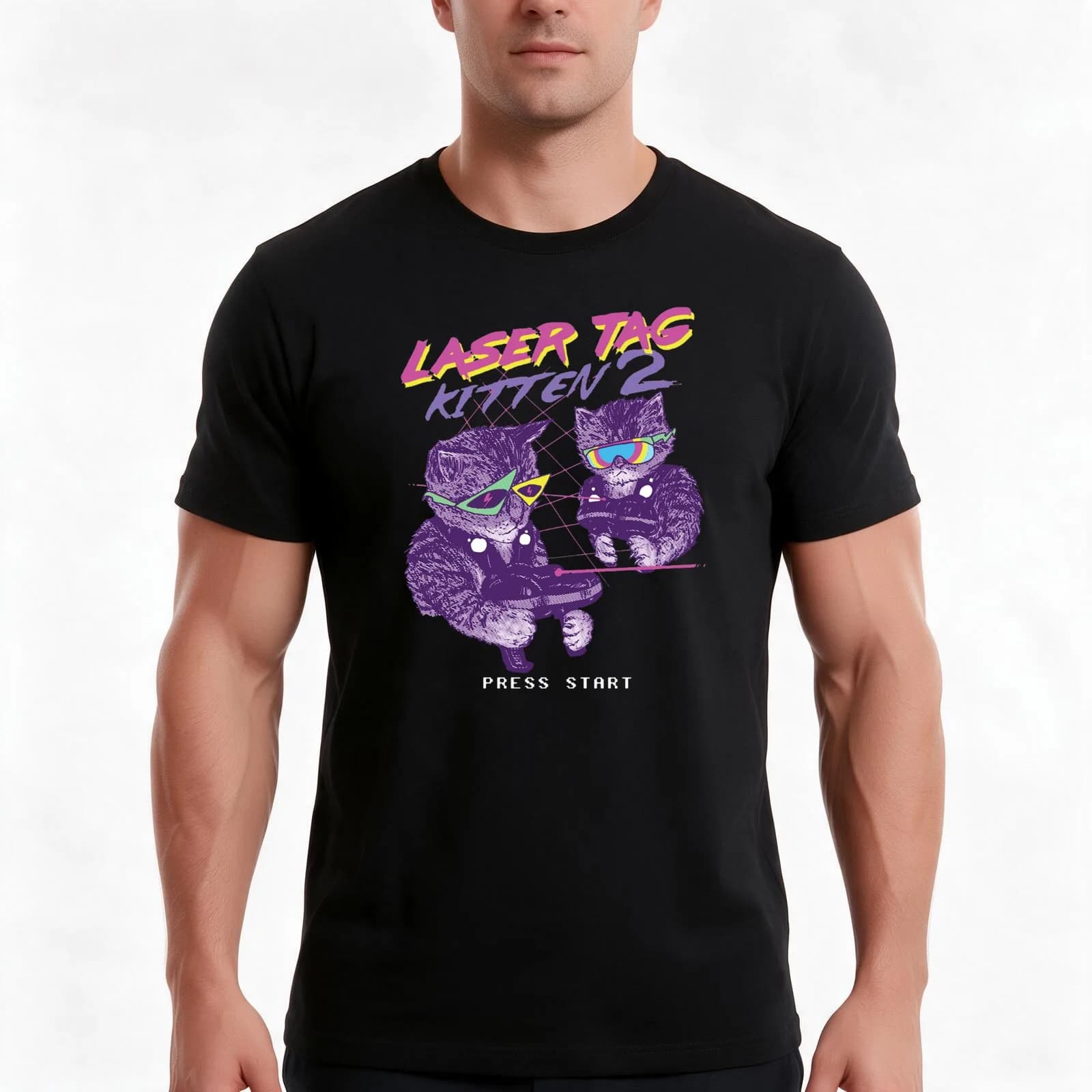 laser tag kitten T-Shirt, Summer Casual Cotton Tee, Oversized Streetwear Tops, Vintage Graphic Print, Loose Fit Short Sleeve