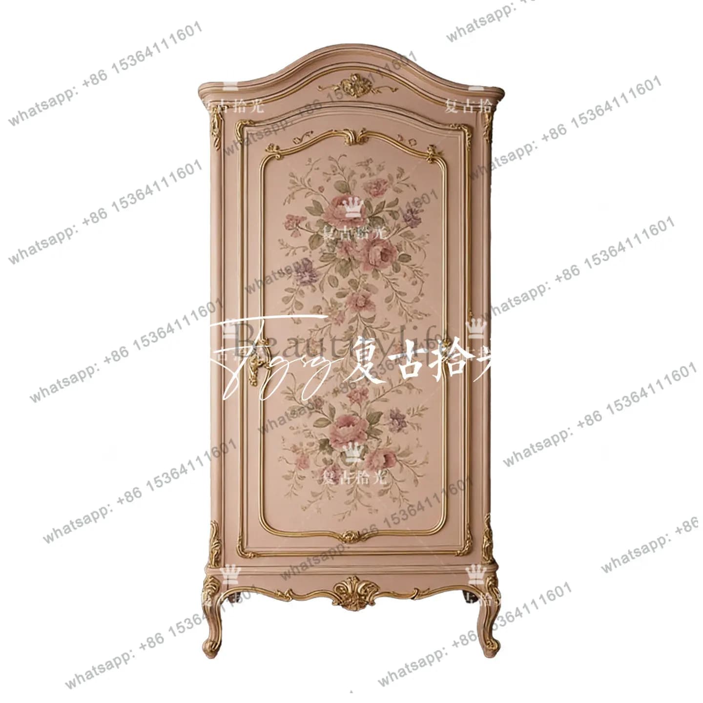 French retro floral wardrobe with engraved pink locker opposite the door, large capacity