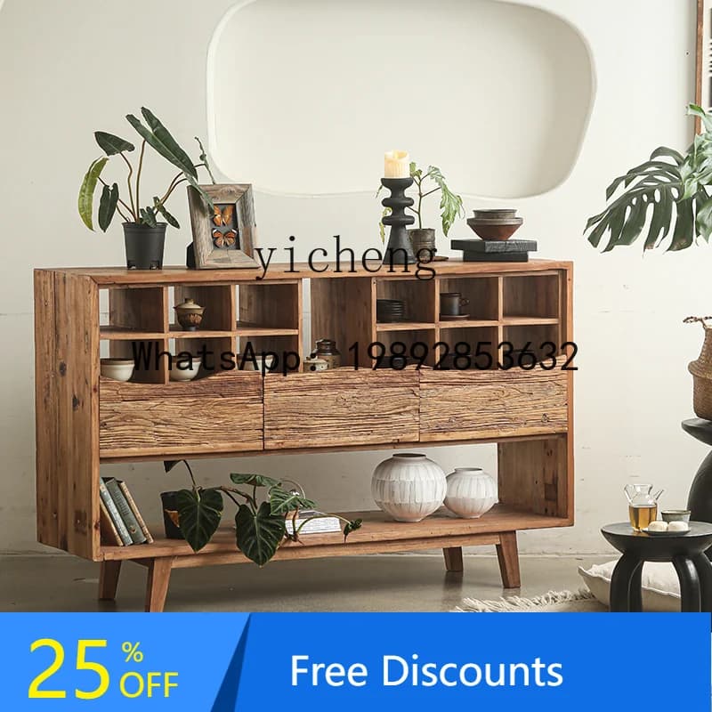 X1 Old Elm Solid Wood Sideboard Storage Cabinet Vintage Living Room Wabi-Sabi Style Storage Cabinet