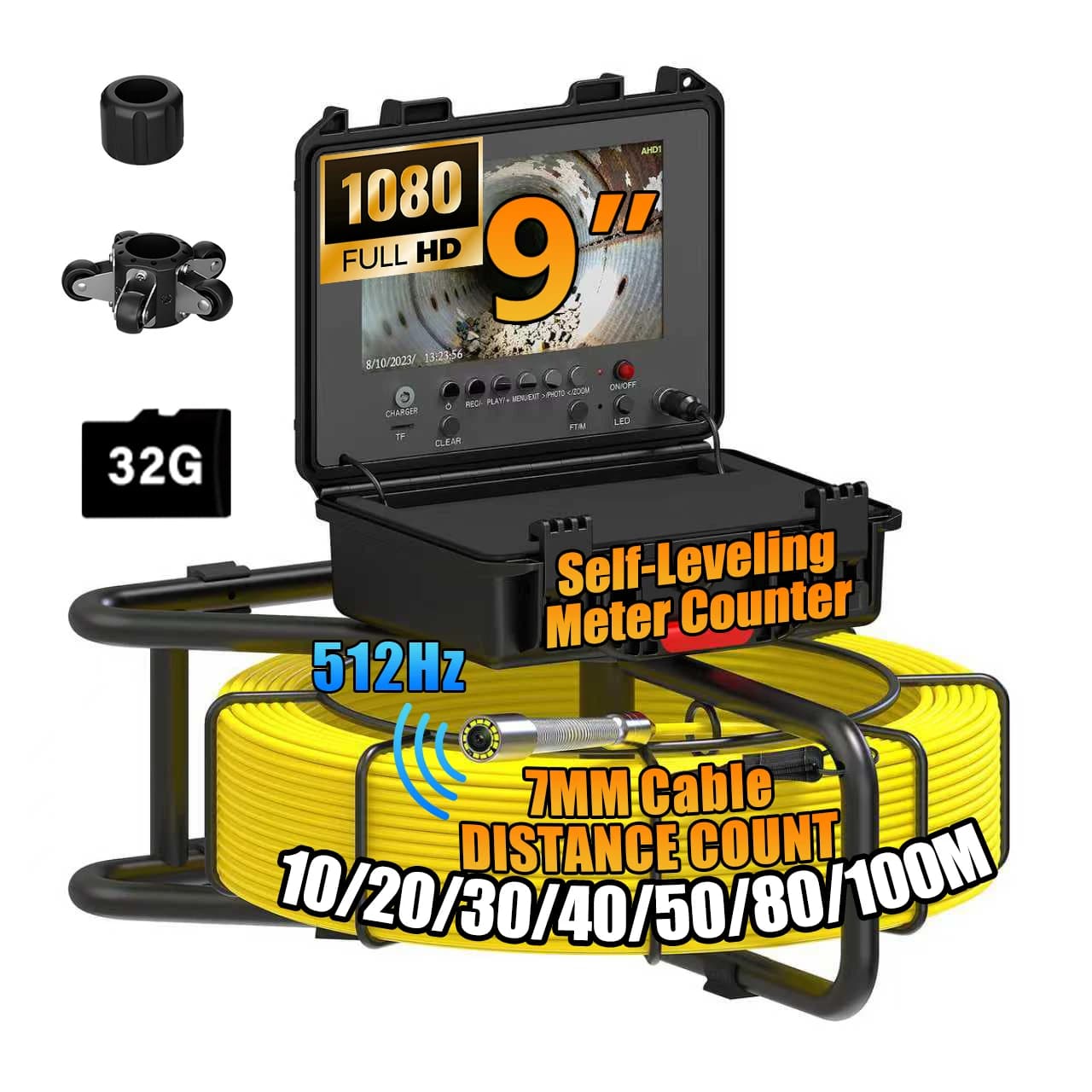 Sewer Inspection , Self-Leveling Sewer  with 512Hz Wireless Locator,7mm cable HD  with Meter Counter