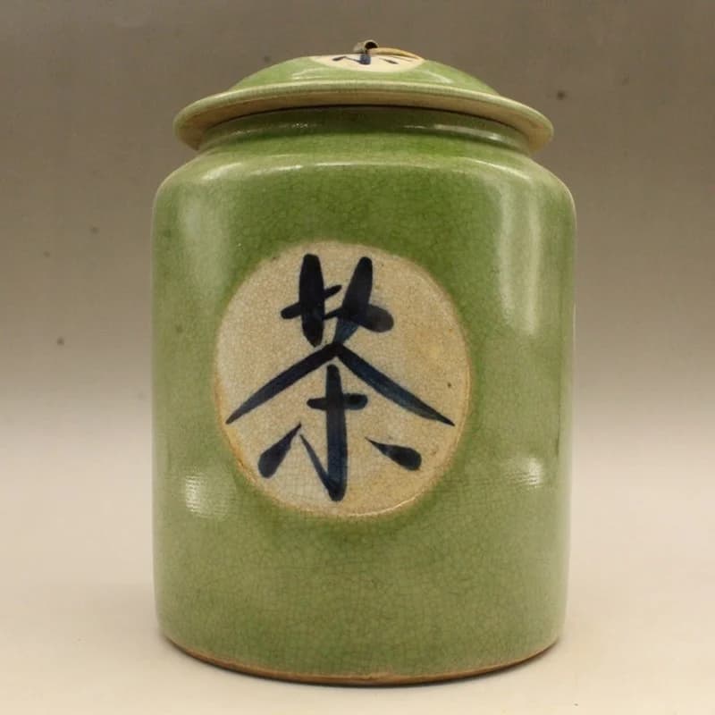 17.5cm Chinese Antique Ceramic Green Glaze Tea Caddy Antique Ornaments