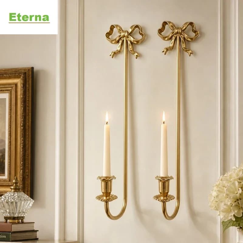 Set of 2 Vintage Metal Candle Holders, Gold Bowknot Embossed Wall Sconces, Wall Mounted Hanging Candle Stick for Home Decor