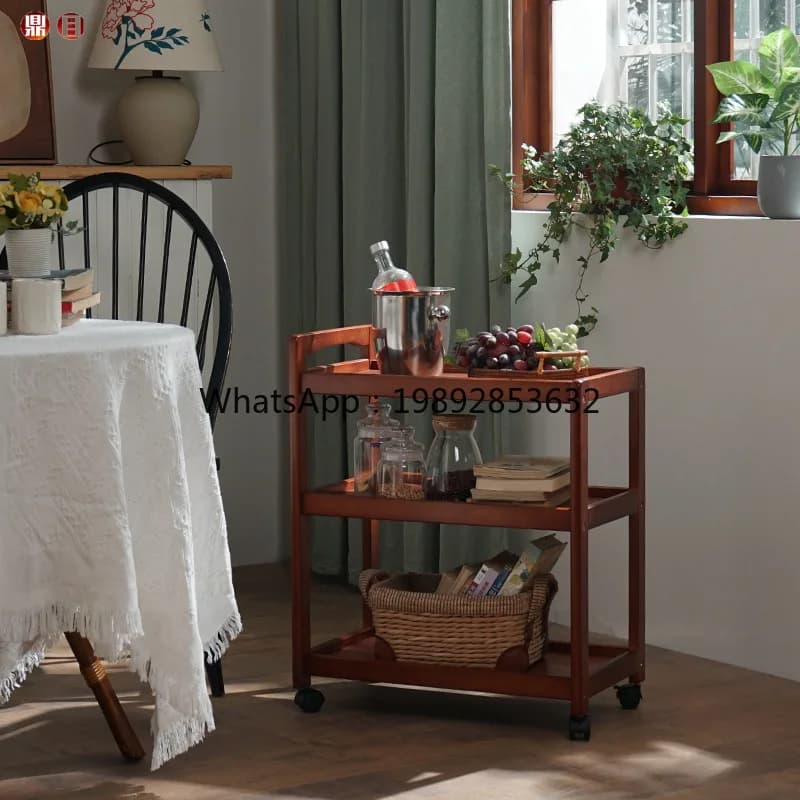 LYY Solid Wood Mobile Three-Tier Dining Cart Tea Cart Household Kitchen Storage Rack Wine Restaurant Small Trolley