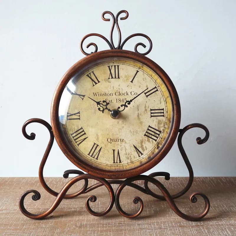 Vintage Retro Clock Iron Ornament Battery Operated Silent Table Alarm Clock Home Bedroom Living Room Office Decor Best Gift