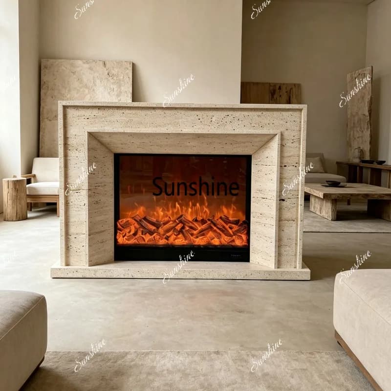 Modern simple imitation marble travertine fireplace cabinet fake flame mantel