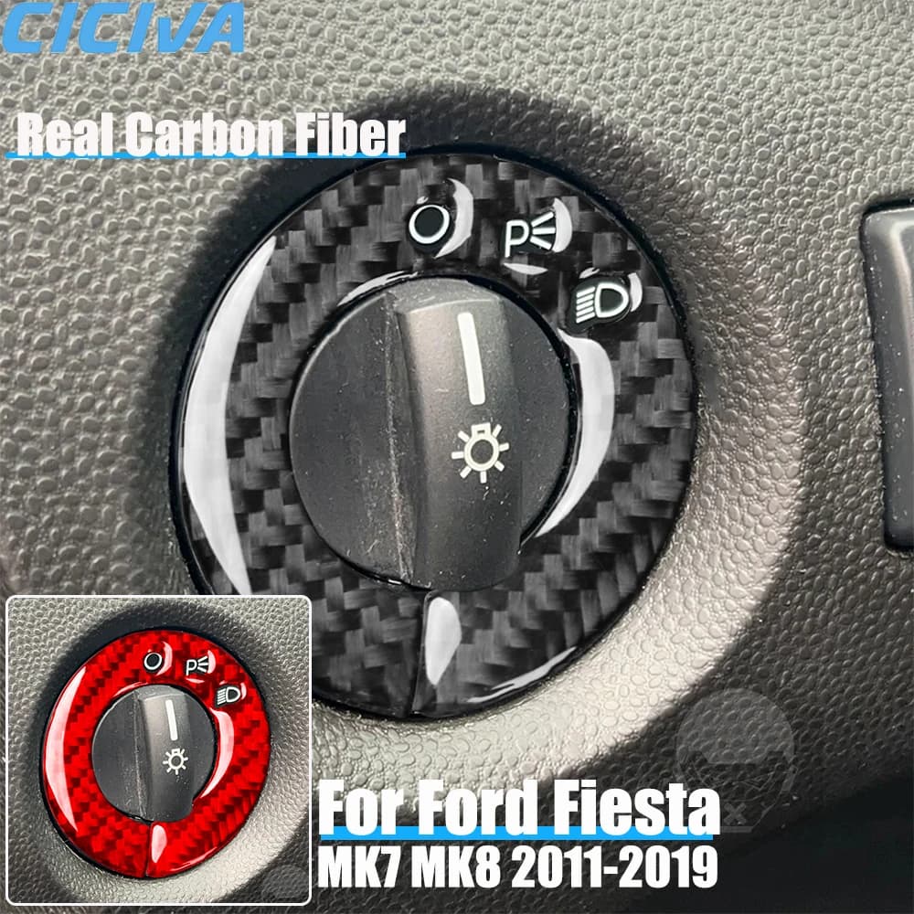 Real Carbon Fiber Car Accessories Headlight Switch Ring Trim Decorative Cover Soft Sticker For Ford Fiesta MK7 MK8 2011-2019