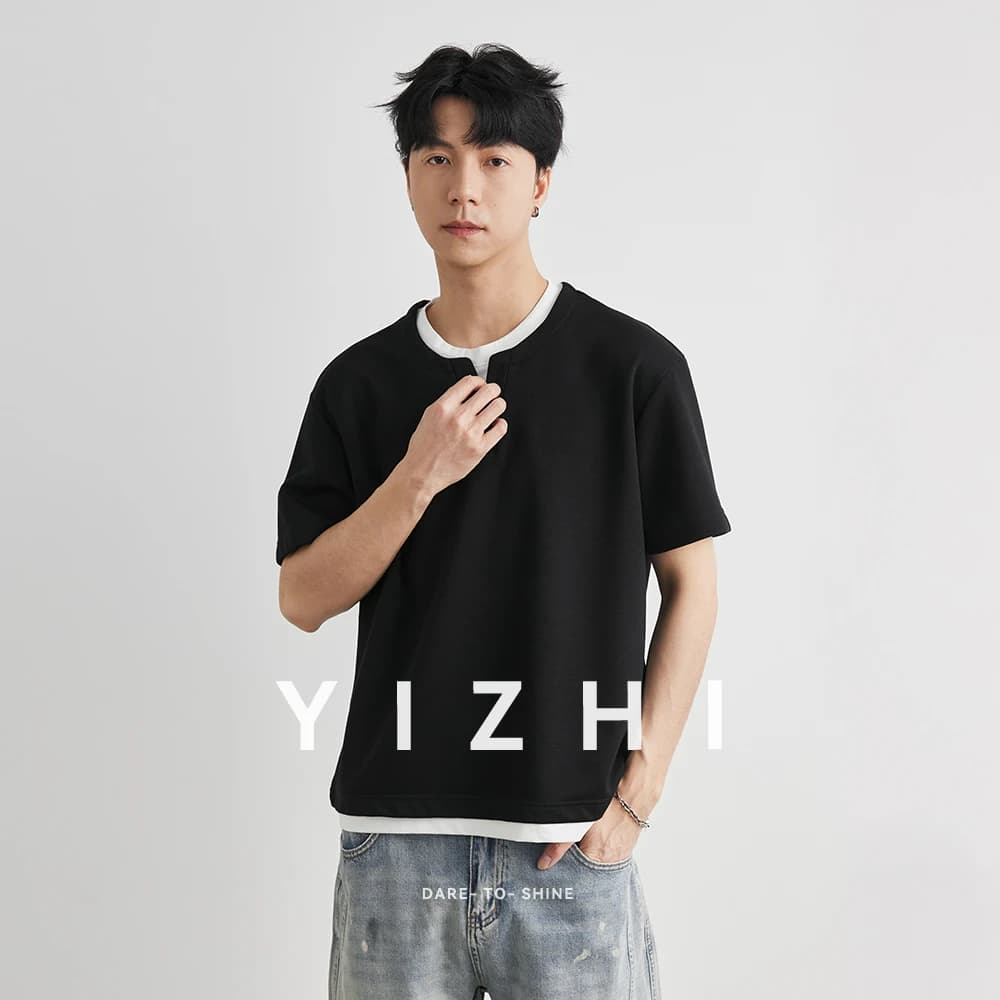 Men's Japanese Fake Two-Piece Henley Neck Short Sleeve T-shirt 2026 Summer Color Block Loose Drop Shoulder Casual Versatile Top