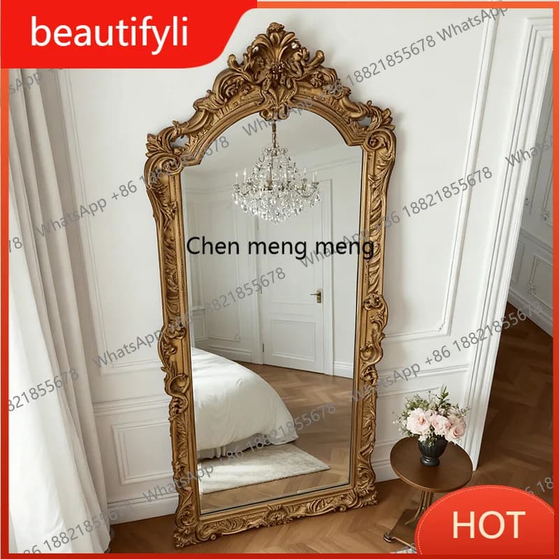 D80 French arched floor mirror luxury carved retro full-length mirror European full-body fitting mirror
