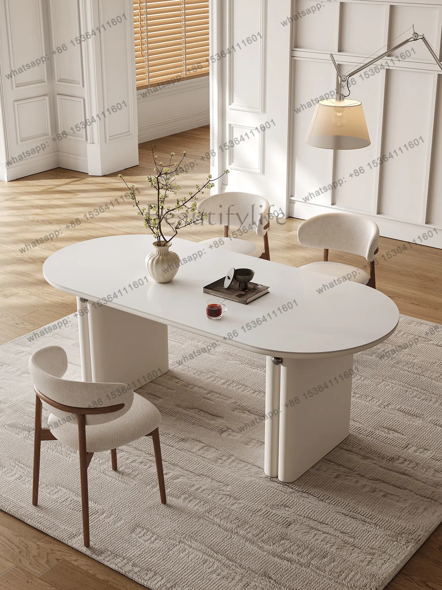 French cream wind rock slab dining table household small apartment dining table oval
