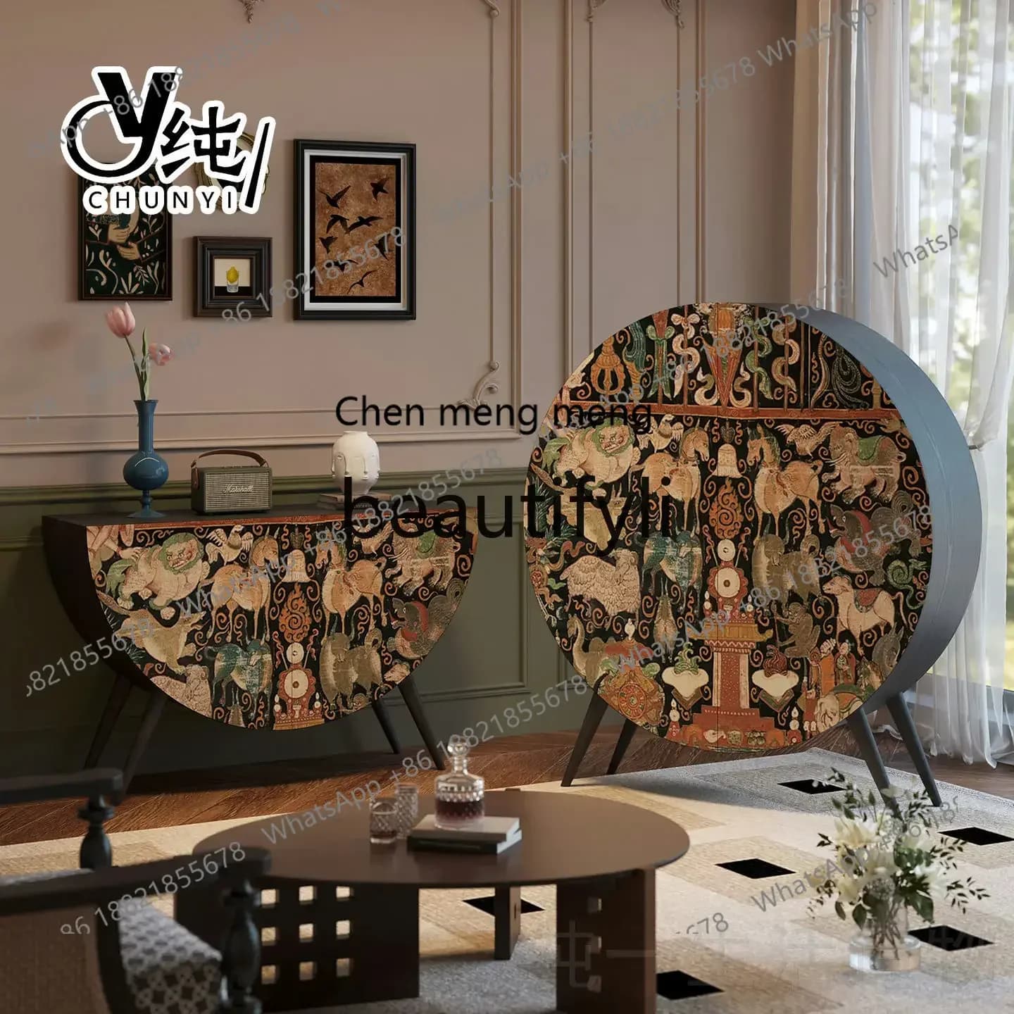 A32 Vintage Style Solid Wood Decorative Entryway Cabinet Living Room Wall-Mounted Partition Half-Round Cabinet Storage Cabinet