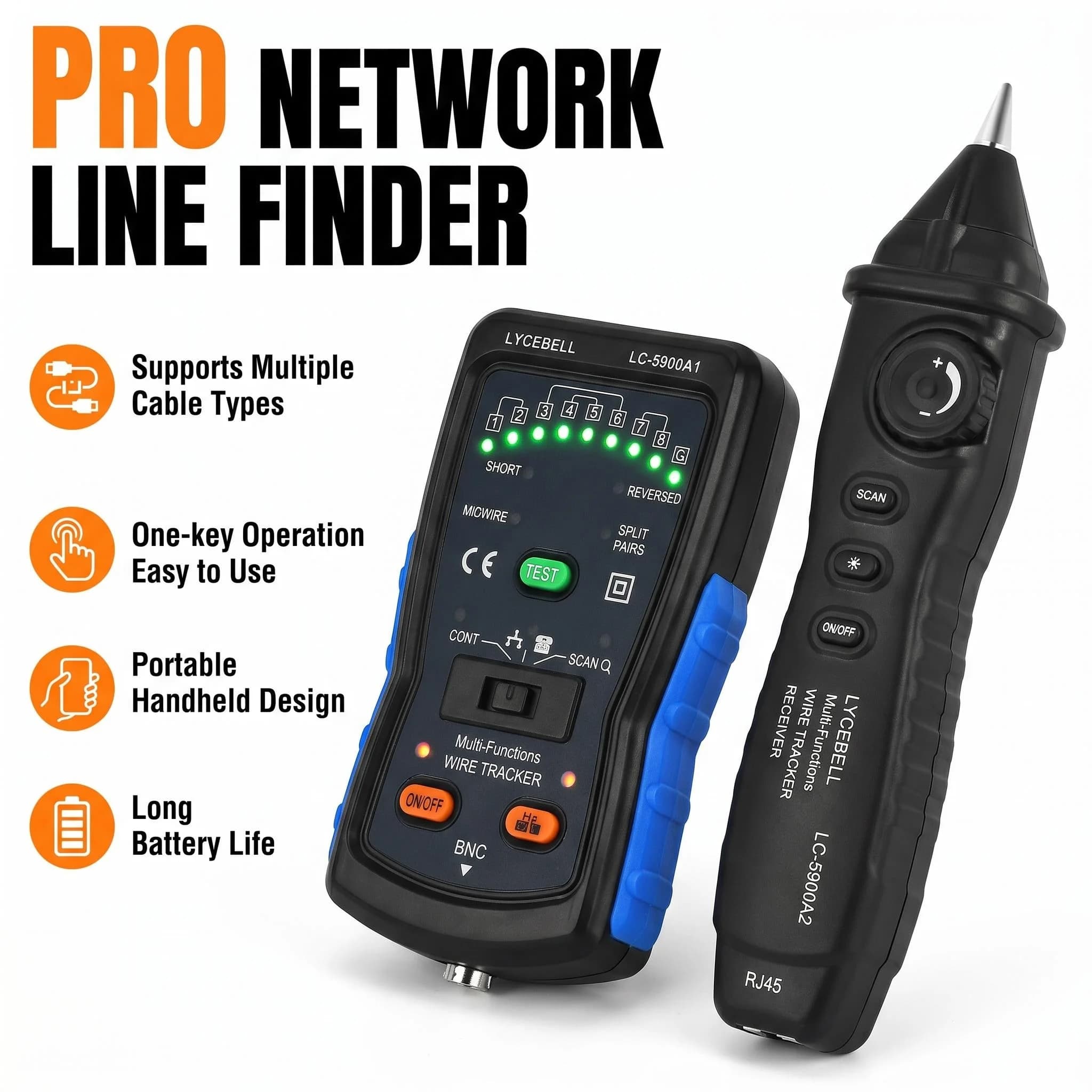 HoldPeak 5900A Cable Tester Tone and Probe Kit Wire Tracker RJ45 RJ11 BNC for Network Telephone Line Continuity Test