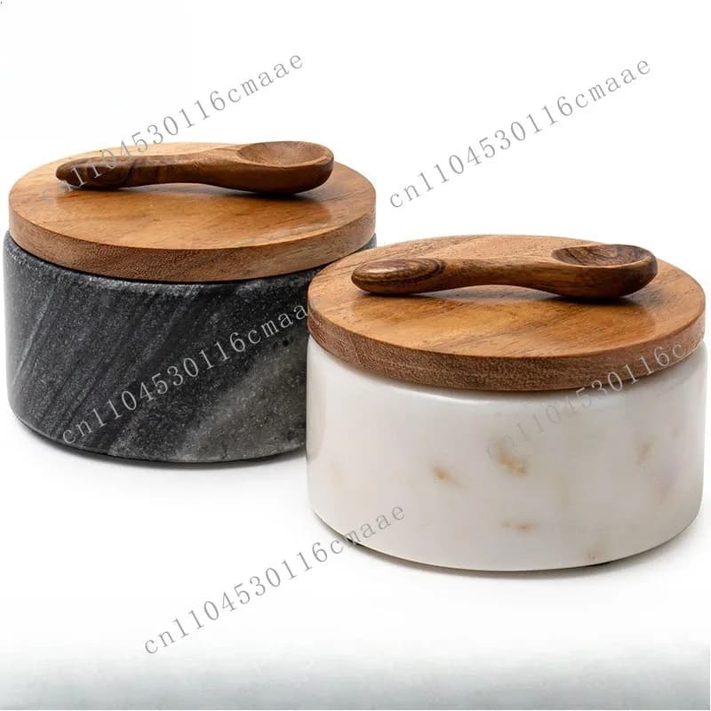 Marble Salt Jar Seasoning Jar with Spoon Kitchen Seasoning Bottle Sealed Moisture-proof Seasoning Storage Box