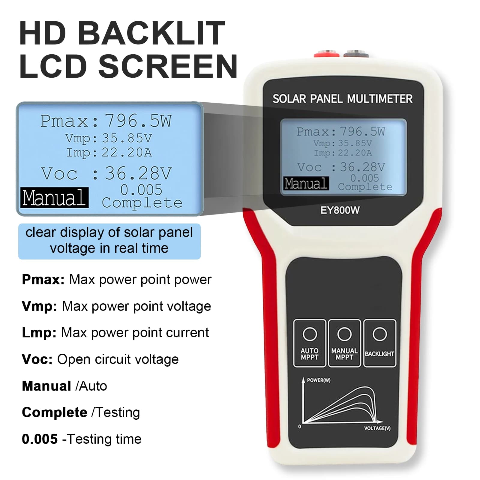 T4-EY800W Solar Panel Multimeter 800W MPPT Tester Photovoltaic Panel Power Meter with Backlit LCD for PV System Maintenance