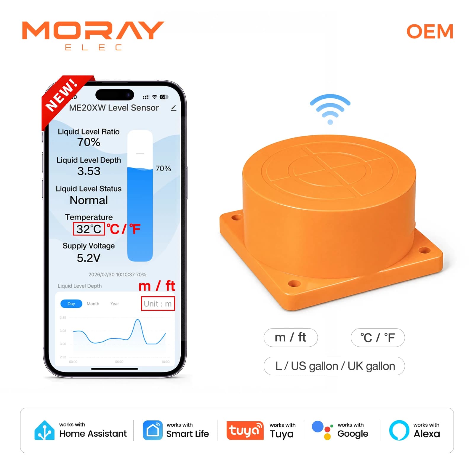 Moray ME201W Tuya WIFI 5m Remote Mobile M/ft Water Tank Level Meter Wireless Liquid Measurement Ultrasonic Tank Level Sensor