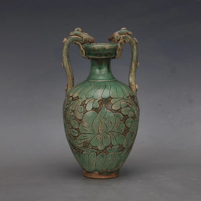 Song Cizhou Kiln Green Glazed Entangled Branches Shaved Double Dragon Zun Vase Antique Porcelain Home Decoration Ornament