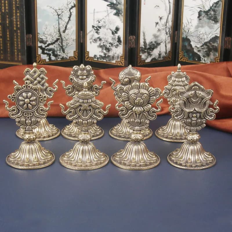 Retro Brass Eight-Auspicious Ornaments, Antique Auspicious Eight Treasures, Tibetan Buddhist Offering Ornaments, Desktop Decor