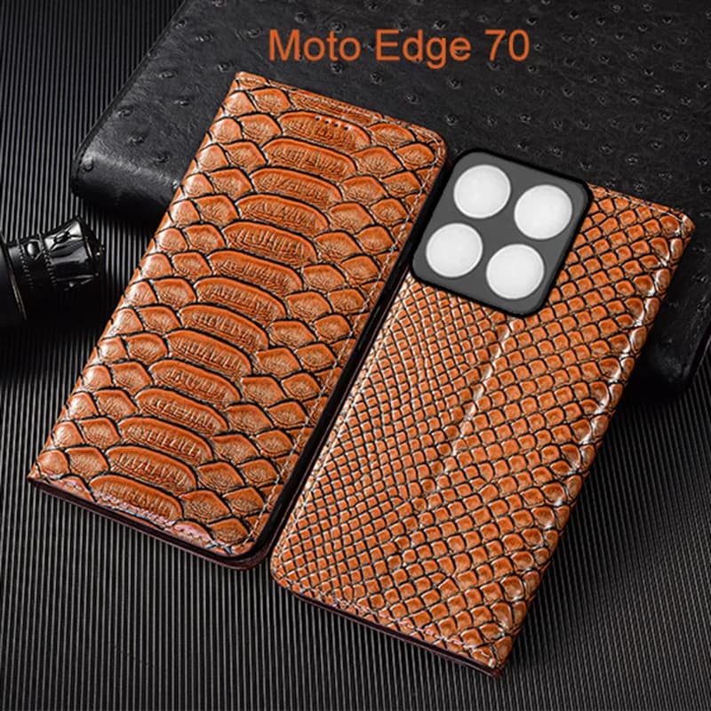 Genuine Leather Flip Case For Moto Edge 70 Fusion Plus Phone Cover Card Cases Python Pattern Handmade