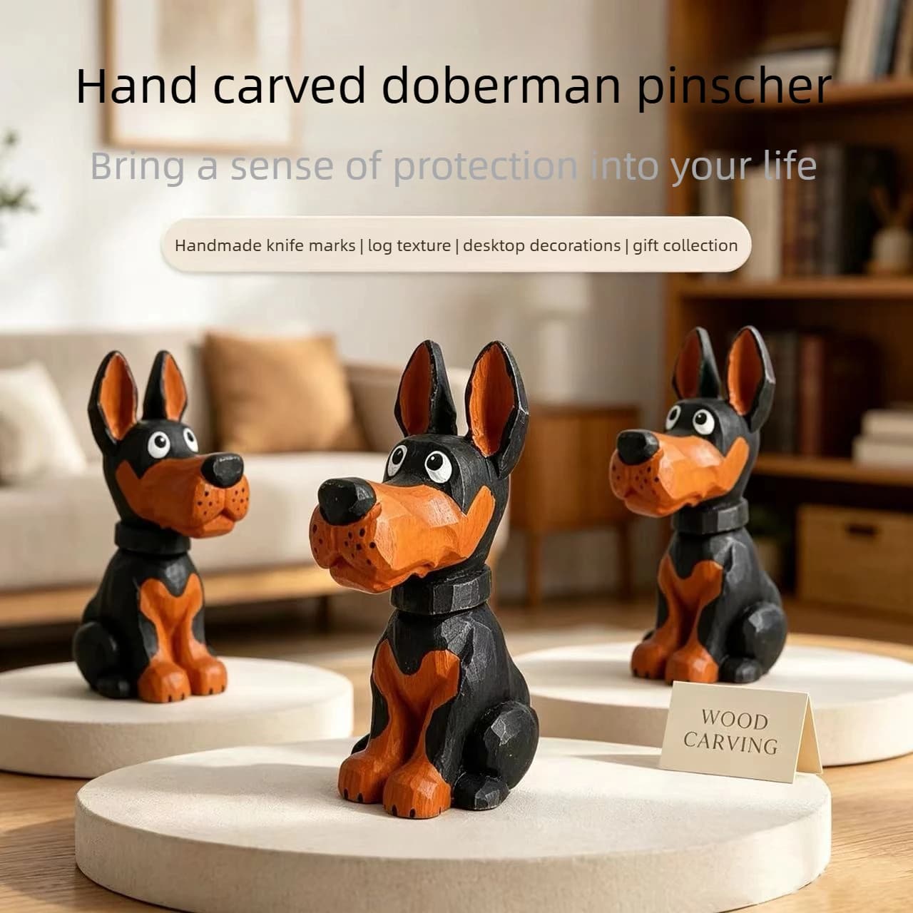 Hand Carved Wooden Doberman Figurine Solid Wood Mini Tabletop Cute Cartoon Rustic Craft Ornament Gift For Home Office Dog Lovers