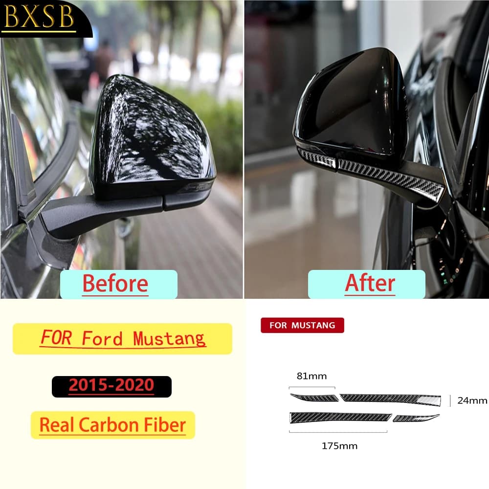 For Ford Mustang 2015-2020 Car Rearview Mirror Reflective Trim Real Soft Carbon Fiber Interior Accessories Decoration Stickers