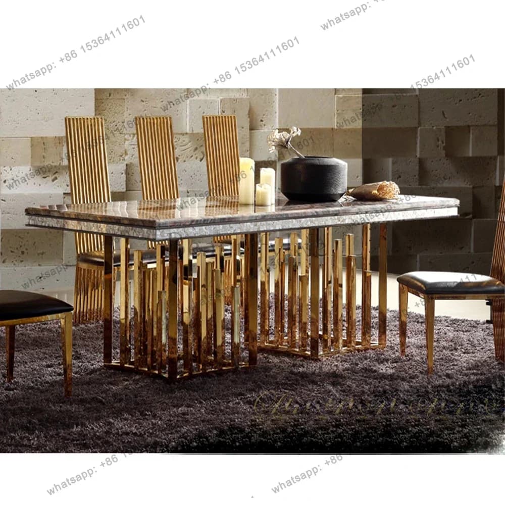 FG Linlamlim Luxury Marble Dining Table Set with Gold Stainless Steel Frame, Dining Room Table with Sea Shell and High-Back Chai