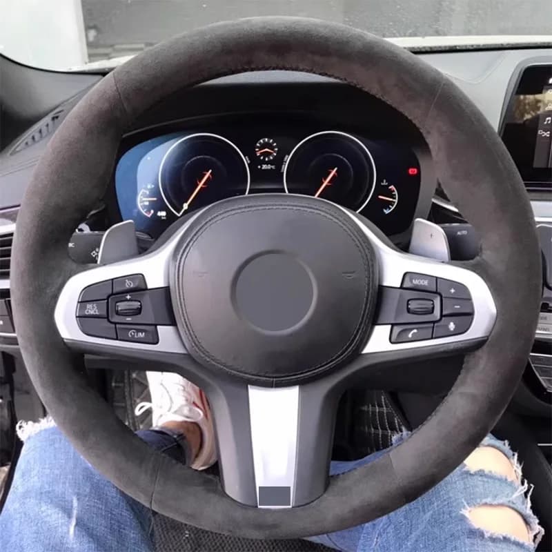 Dark Grey Alcantara Full Wrap Hand Stitching Car Steering Wheel Cover for BMW ix3 X3 X4 X5 X6 Series 2 3 5 7 BMW 530