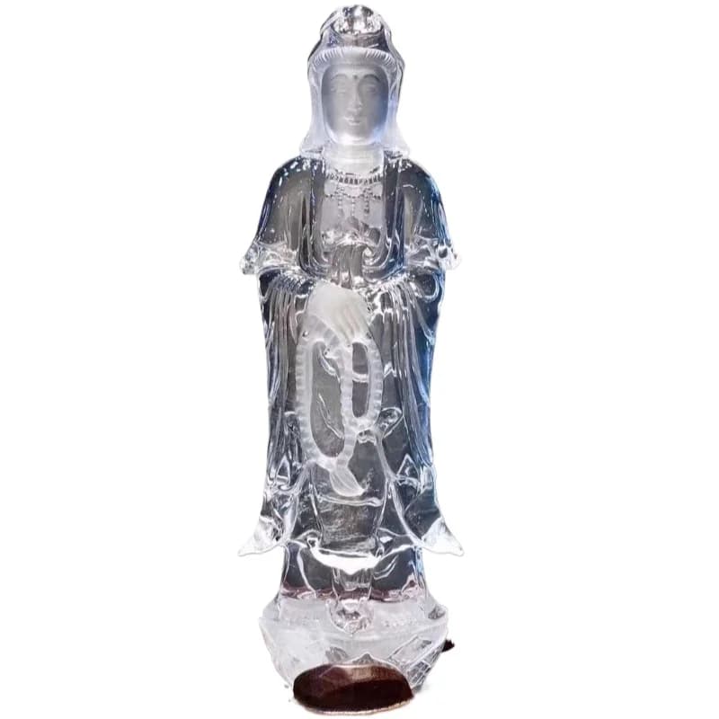 Natural white crystal Guanyin ornament, kind face and meticulous face, ebony  base